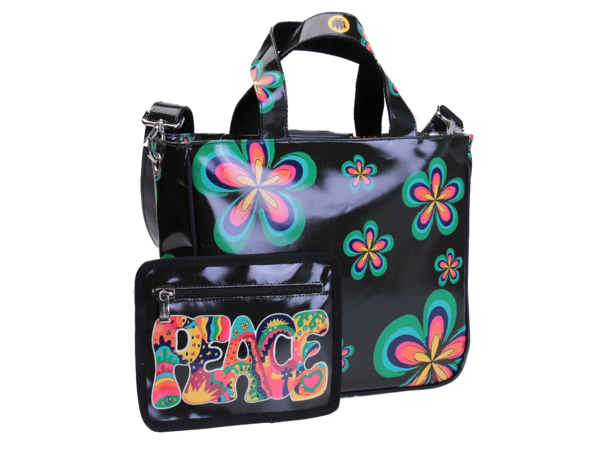 BORSA DONNA FANTASIA FLOREALE &quot;PEACE&quot;. MODELLO GLAM IN TELONE CAMION.