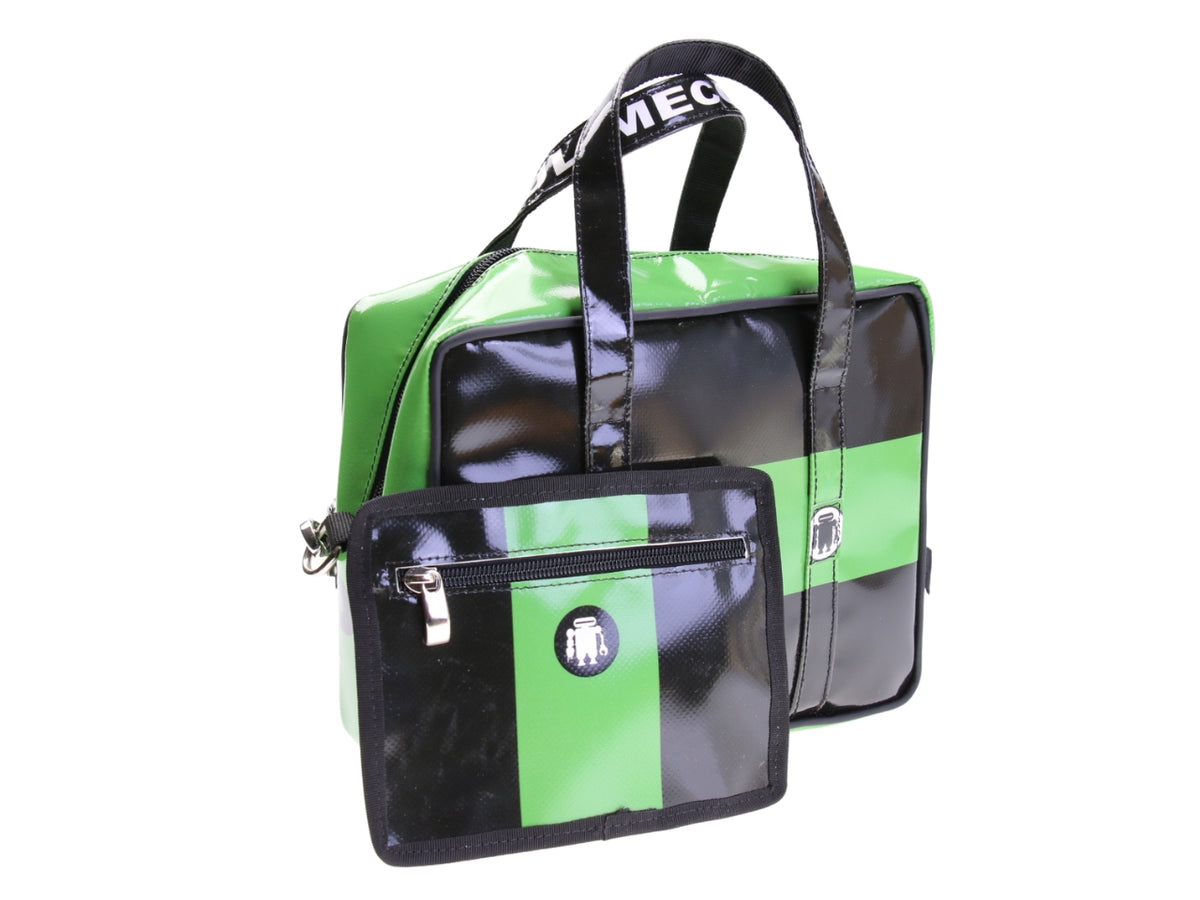 BORSA BAULETTO RETTANGOLARE DA DONNA NERA E VERDE. MODELLO PINCA REALIZZATO IN TELONE CAMION.