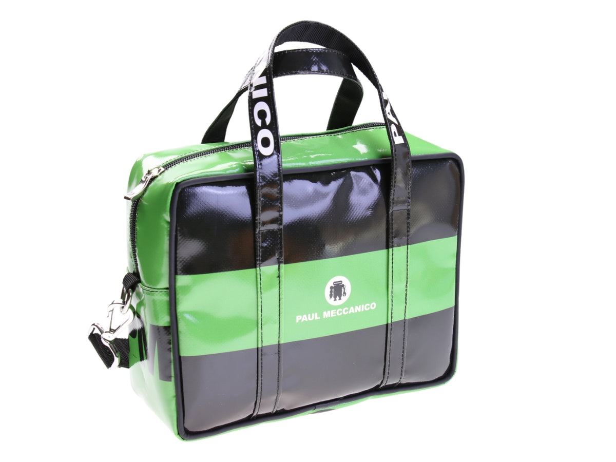 BORSA BAULETTO RETTANGOLARE DA DONNA NERA E VERDE. MODELLO PINCA REALIZZATO IN TELONE CAMION.