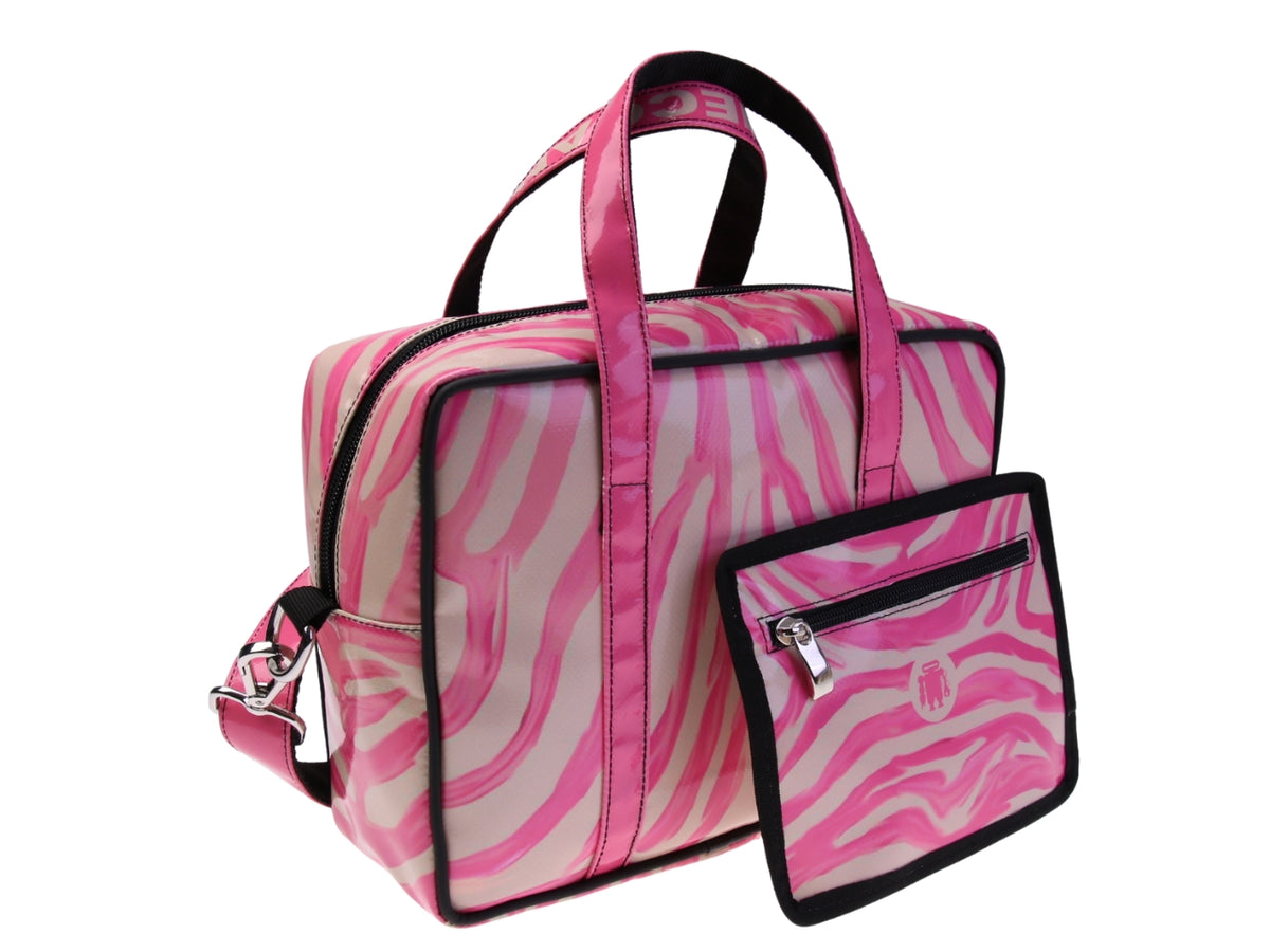 BORSA BAULETTO RETTANGOLARE DA DONNA ROSA FANTASIA ANIMALIER. MODELLO PINCA REALIZZATO IN TELONE CAMION.