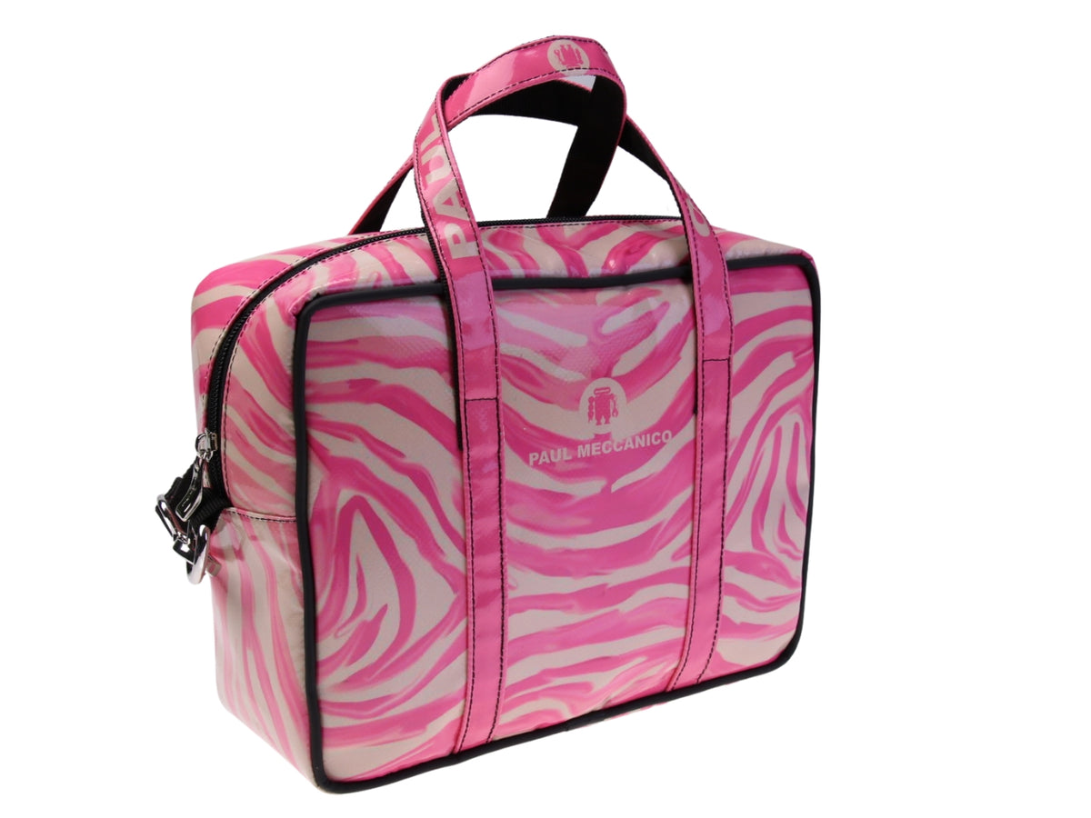 BORSA BAULETTO RETTANGOLARE DA DONNA ROSA FANTASIA ANIMALIER. MODELLO PINCA REALIZZATO IN TELONE CAMION.