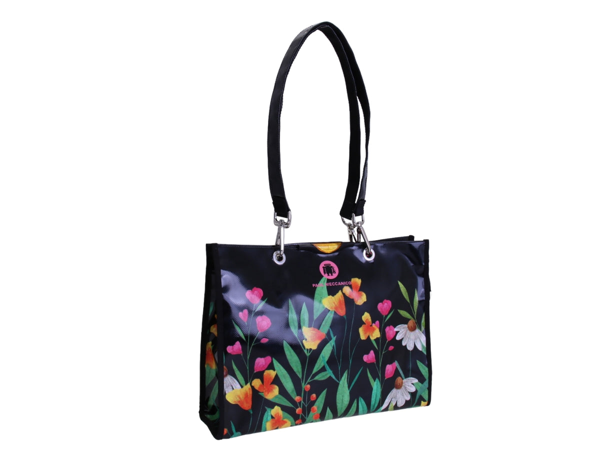 SHOPPER BAG NERA FLOREALE. MODELLO PEPE IN TELONE CAMION.