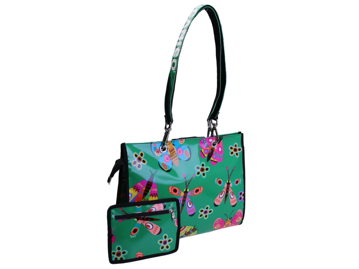 SHOPPER BAG VERDE &quot;FIORI E FARFALLE&quot;. MODELLO PEPE IN TELONE CAMION.