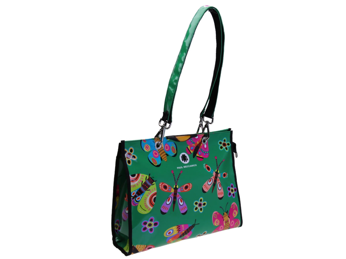 SHOPPER BAG VERDE &quot;FIORI E FARFALLE&quot;. MODELLO PEPE IN TELONE CAMION.