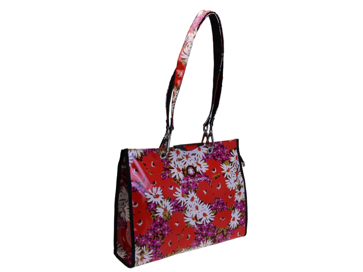 SHOPPER BAG ROSSA FANTASIA FLOREALE. MODELLO PEPE IN TELONE CAMION.