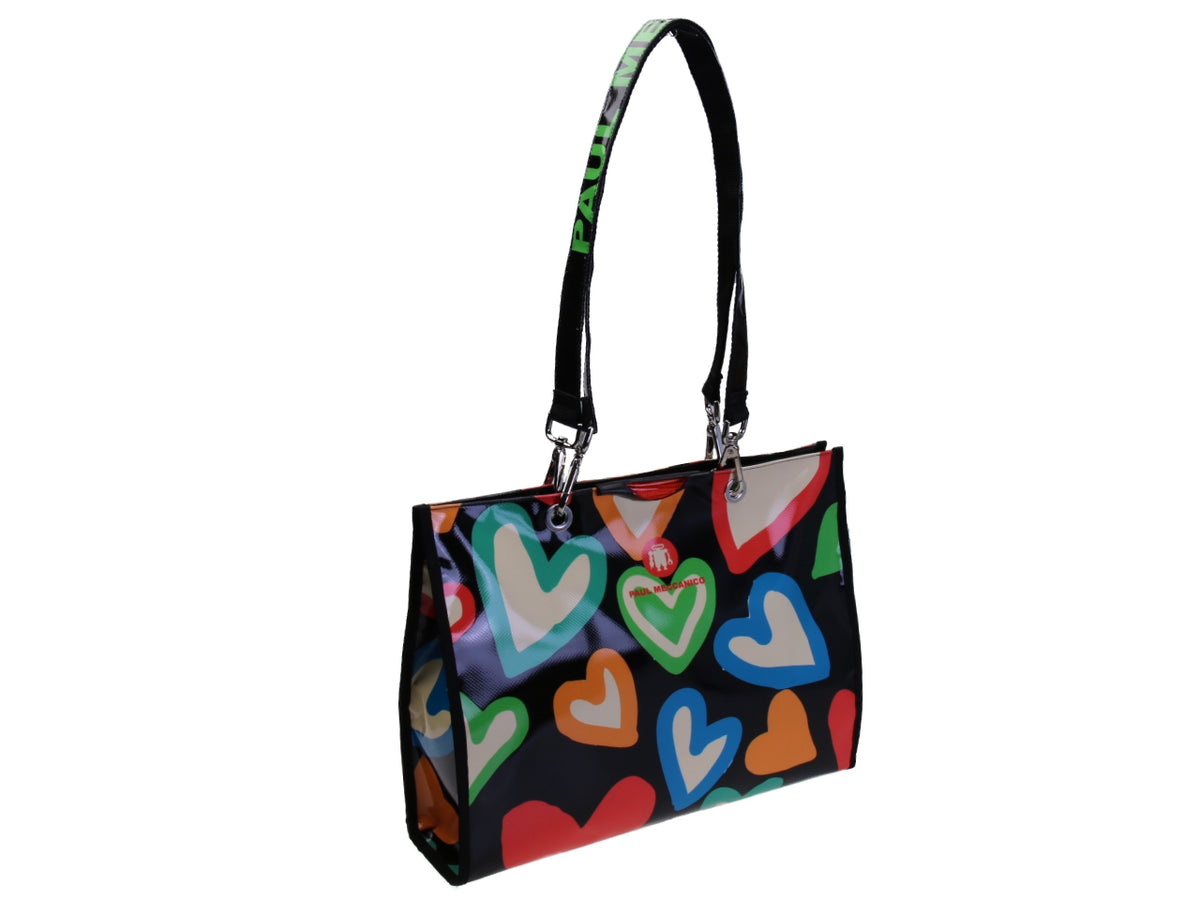 SHOPPER BAG NERA &quot;CUORI&quot;. MODELLO PEPE IN TELONE CAMION.