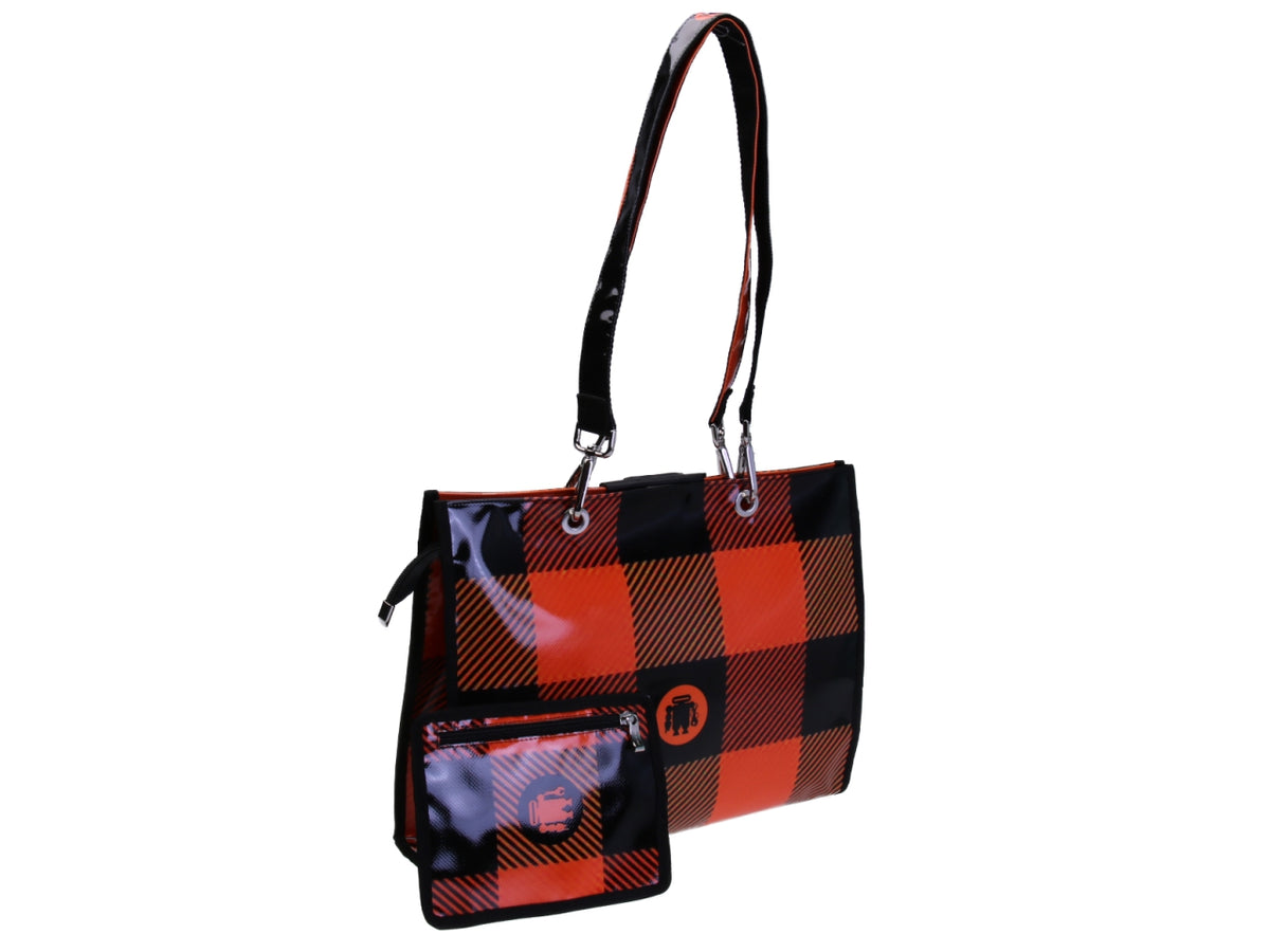 SHOPPER BAG NERA E ARANCIONE FANTASIA SCACCHI MODELLO PEPE IN TELONE CAMION.