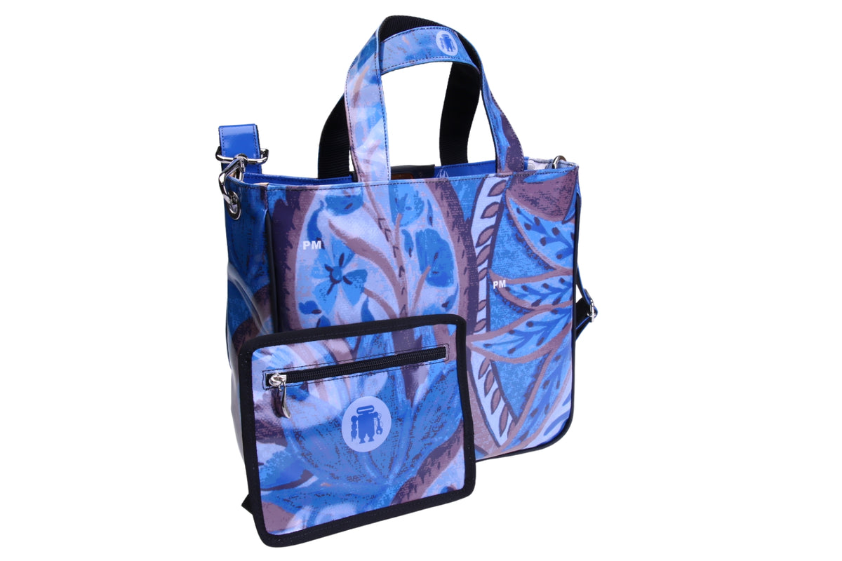 BORSA DONNA AZZURRA FANTASIA FLOREALE. MODELLO GLAM IN TELONE CAMION.