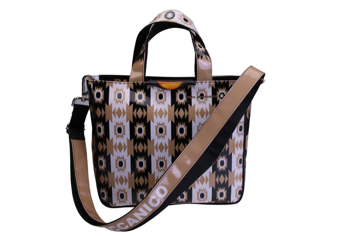 BORSA DONNA BEIGE E NERA FANTASIA ETNICA. MODELLO GLAM IN TELONE CAMION.