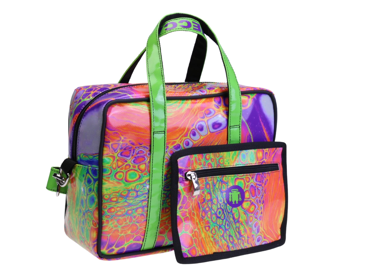 BORSA BAULETTO RETTANGOLARE DA DONNA FLUORESCENTE FANTASIA TIE DYE. MODELLO PINCA REALIZZATO IN TELONE CAMION.