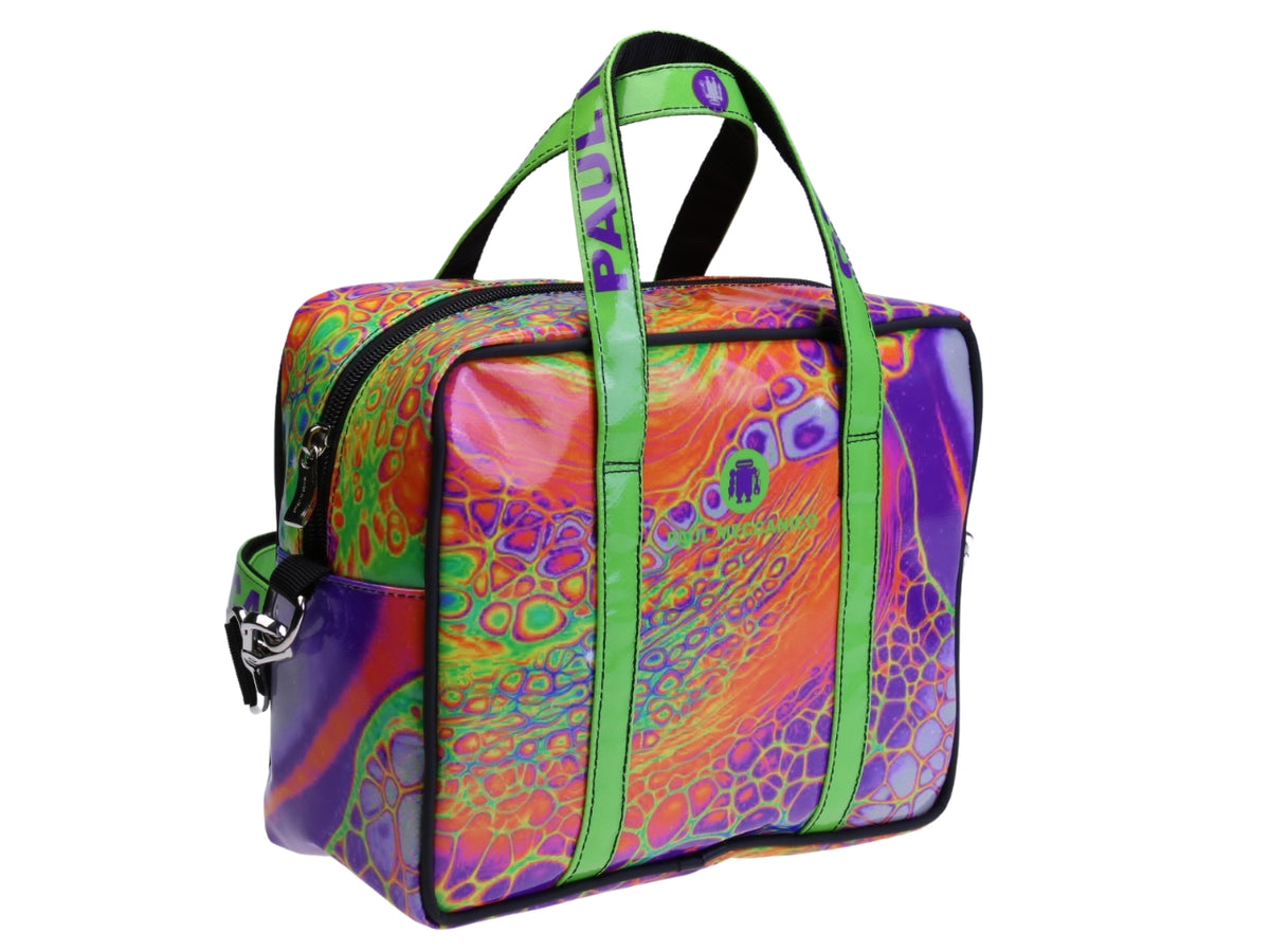 BORSA BAULETTO RETTANGOLARE DA DONNA FLUORESCENTE FANTASIA TIE DYE. MODELLO PINCA REALIZZATO IN TELONE CAMION.