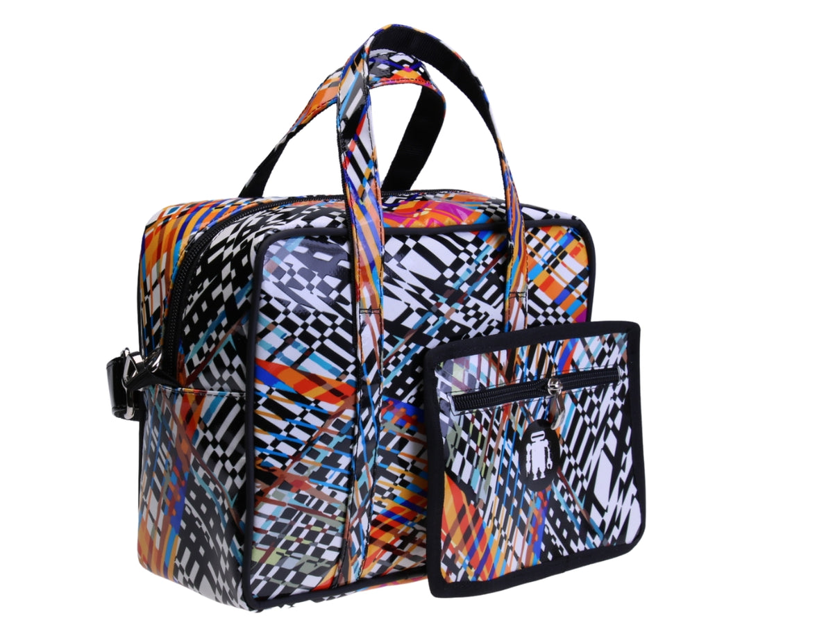 BORSA BAULETTO RETTANGOLARE DA DONNA MULTICOLORE. MODELLO PINCA REALIZZATO IN TELONE CAMION.