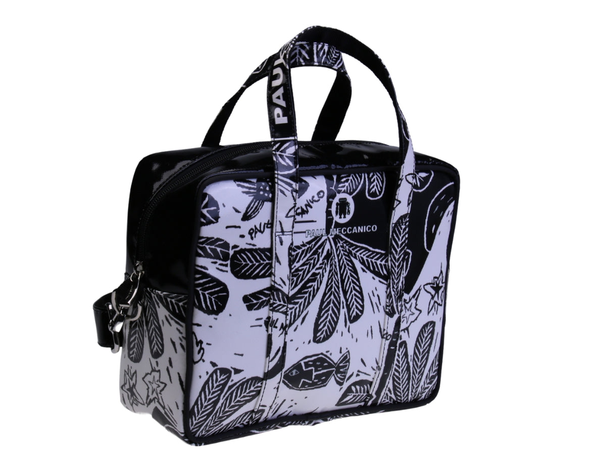 BORSA BAULETTO RETTANGOLARE DA DONNA BIANCA E NERA FLOREALE. MODELLO PINCA REALIZZATO IN TELONE CAMION.