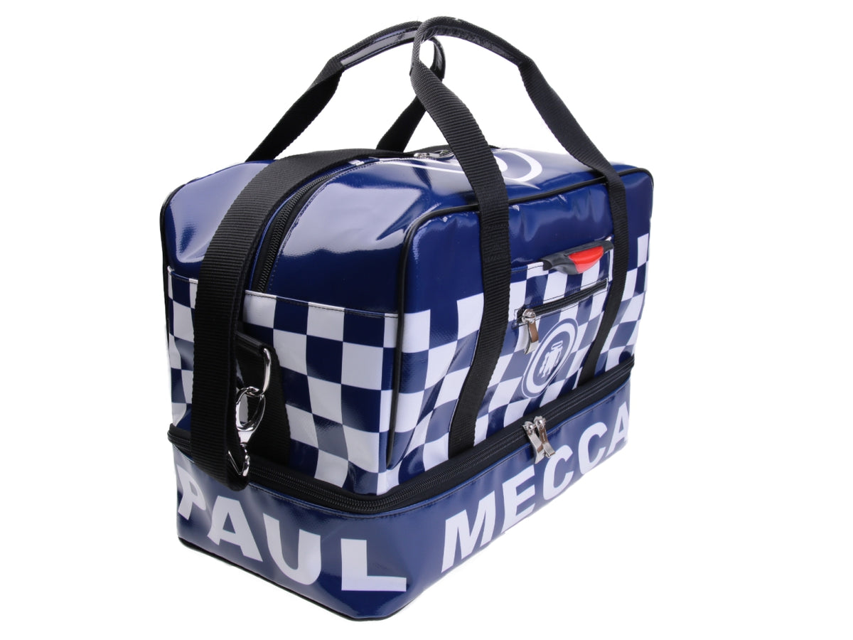 BLUE AND WHITE HAND LUGGAGE BAG 40 X 20 X 25 CM WITH CHESS FANTASY. MODEL FLYME MADE OF LORRY TARPAULIN. - Paul Meccanico