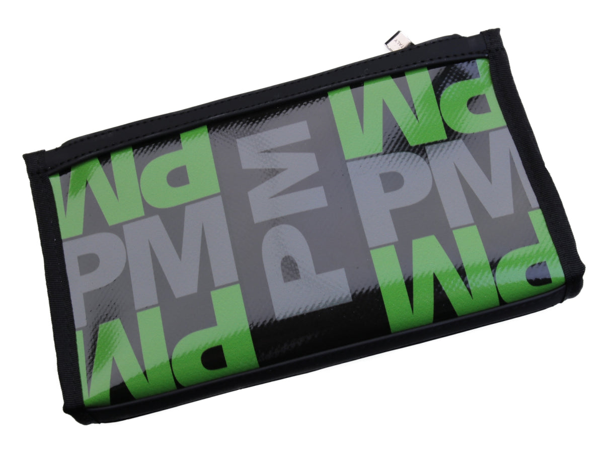 LARGE WOMEN&#39;S WALLET BLACK, GREEN AND GREY COLOURS WITH LETTERING FANTASY. MODEL PIT MADE OF LORRY TARPAULIN. - Limited Edition Paul Meccanico