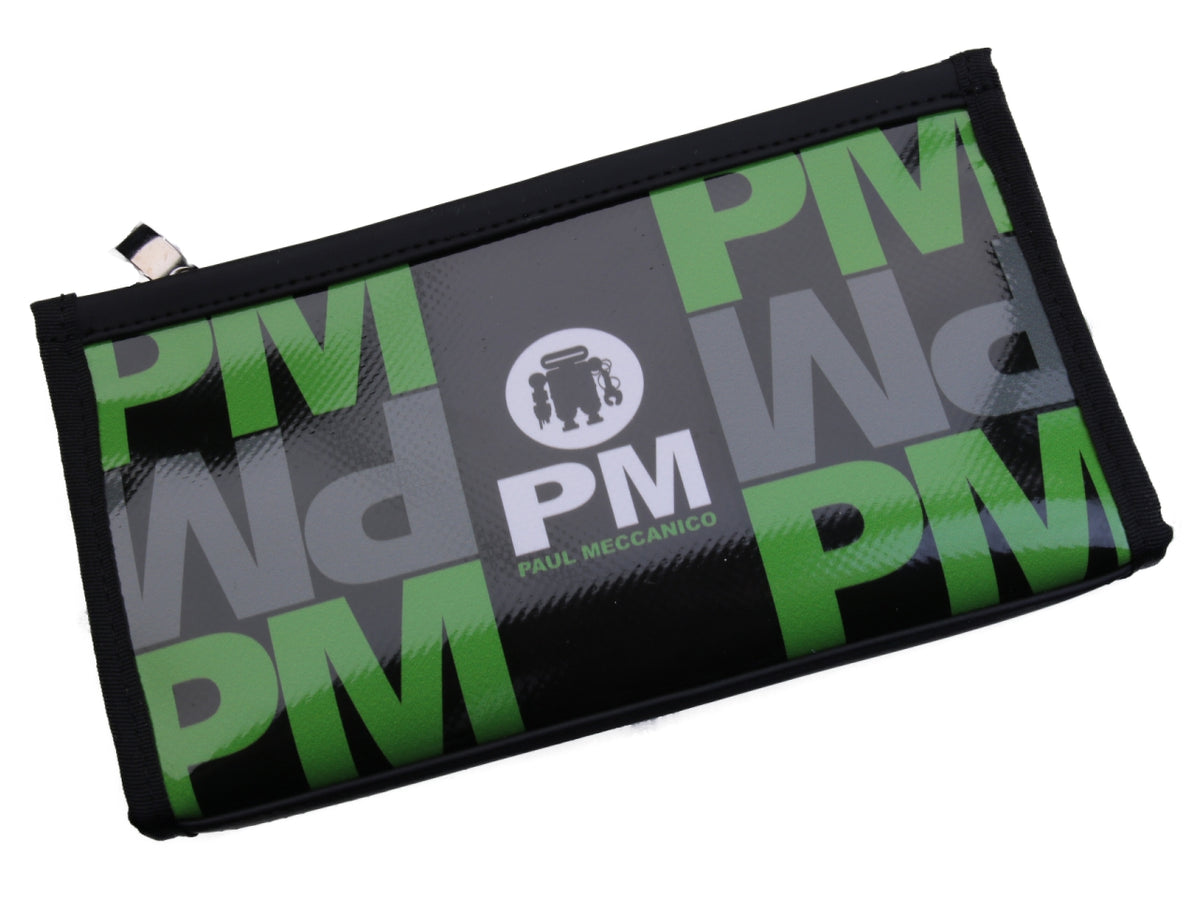 LARGE WOMEN&#39;S WALLET BLACK, GREEN AND GREY COLOURS WITH LETTERING FANTASY. MODEL PIT MADE OF LORRY TARPAULIN. - Limited Edition Paul Meccanico