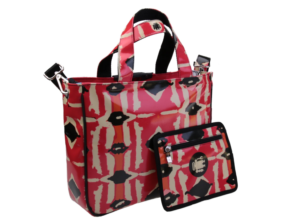 TOTE BAG BEIGE, BLACK AND RED. MODEL GLAM MADE OF LORRY TARPAULIN. - Unique Pieces Paul Meccanico