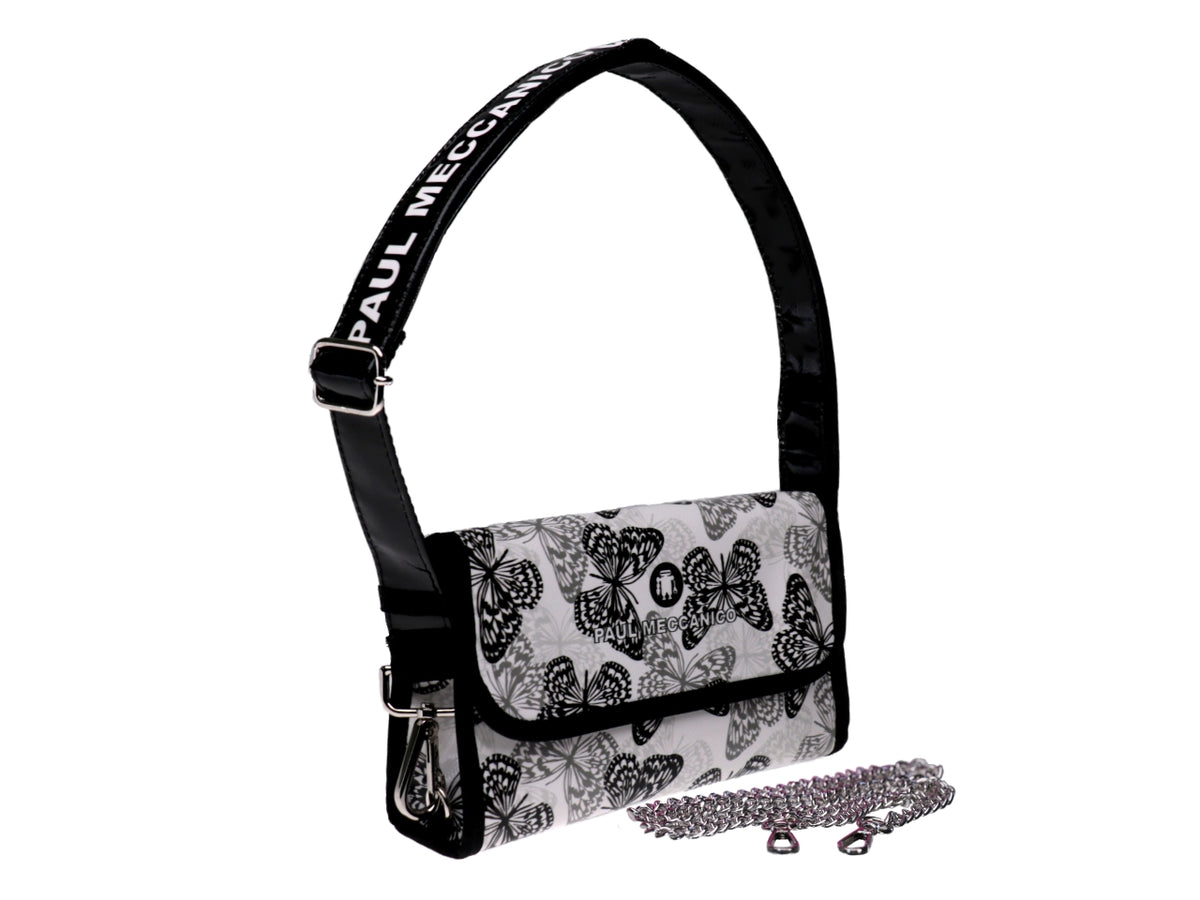CLUTCH BAG BLACK AND WHITE &quot;BUTTERFLIES&quot;. MODEL CANDY MADE OF LORRY TARPAULIN. - Limited Edition Paul Meccanico