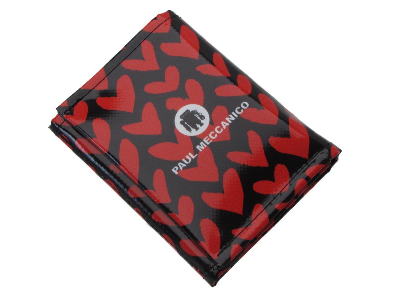 WOMAN WALLET RED AND BLACK COLOURS WITH HEARTS PRINT. MODEL TREK MADE OF LORRY TARPAULIN. - Paul Meccanico