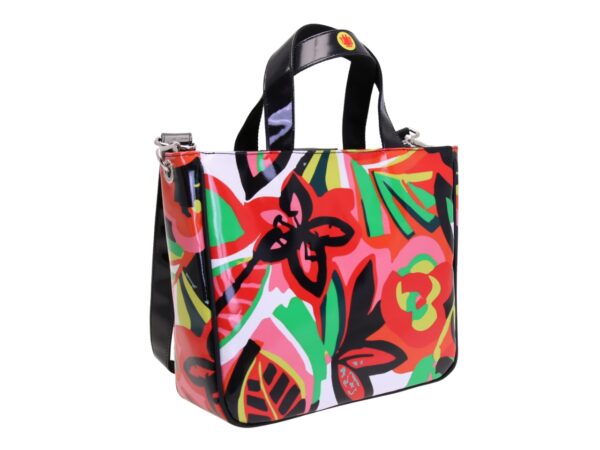 BORSA TOTE BIANCA CON FANTASIA FLOREALE. MODELLO GLAM REALIZZATO CON TELONI DI CAMION. - immagine 3
