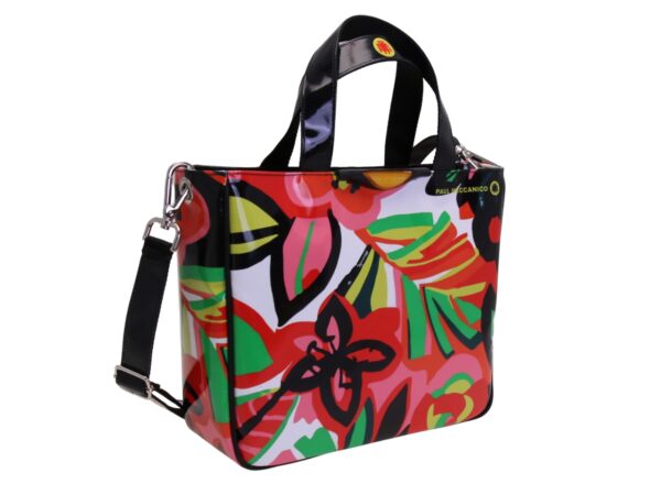 BORSA TOTE BIANCA CON FANTASIA FLOREALE. MODELLO GLAM REALIZZATO CON TELONI DI CAMION. - immagine 2