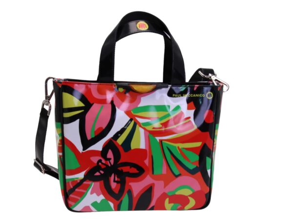 BORSA TOTE BIANCA CON FANTASIA FLOREALE. MODELLO GLAM REALIZZATO CON TELONI DI CAMION.