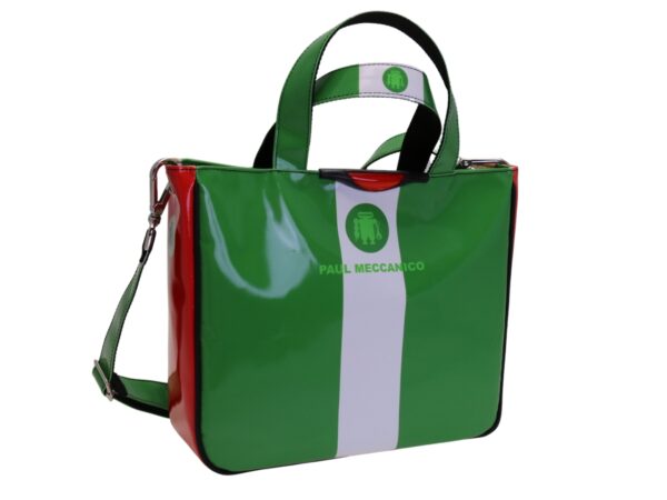 BORSA VERDE, BIANCA E ROSSO. MODELLO GLAM REALIZZATO CON TELONE DA CAMION. - immagine 2