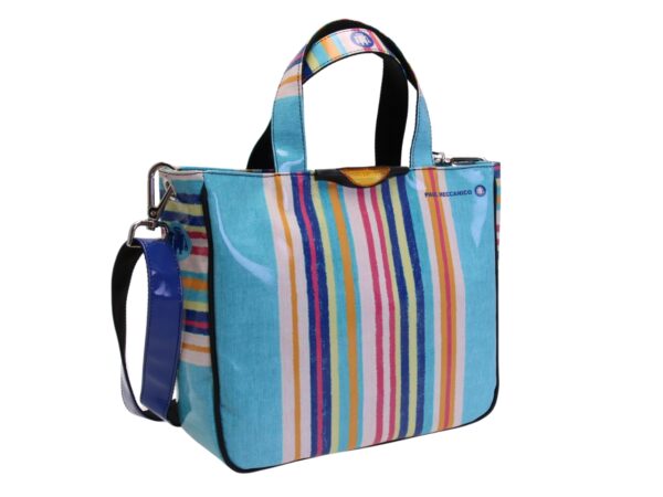 BORSA DONNA CELESTE CON FANTASIA RIGATA. MODELLO GLAM REALIZZATO IN TELONE DA CAMION. - immagine 2
