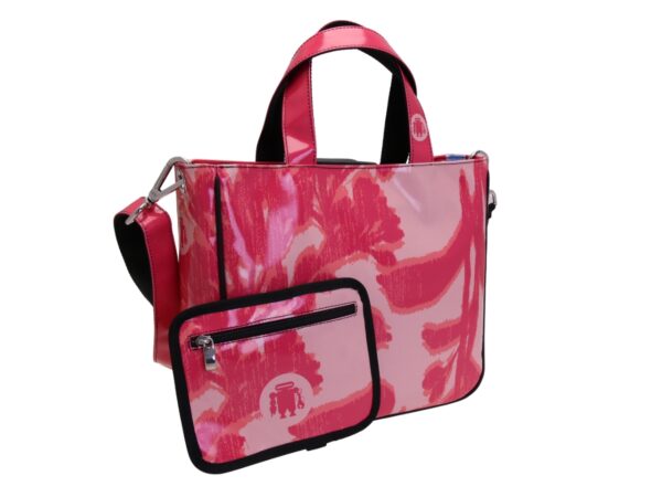 BORSA DONNA ROSA FANTASIA FLOREALE. MODELLO GLAM REALIZZATO IN TELONE CAMION - immagine 4