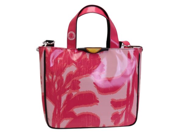 BORSA DONNA ROSA FANTASIA FLOREALE. MODELLO GLAM REALIZZATO IN TELONE CAMION