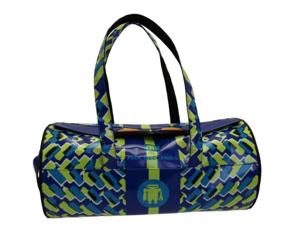 BORSONE SPORTIVO BLU E LIME. MODELLO ROLLING REALIZZATO IN TELONE CAMION.