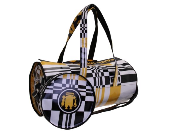 BORSONE SPORTIVO BIANCO, NERO E GIALLO. MODELLO ROLLING REALIZZATO IN TELONE CAMION. - immagine 5
