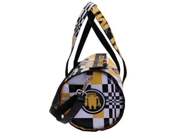 BORSONE SPORTIVO BIANCO, NERO E GIALLO. MODELLO ROLLING REALIZZATO IN TELONE CAMION. - immagine 3