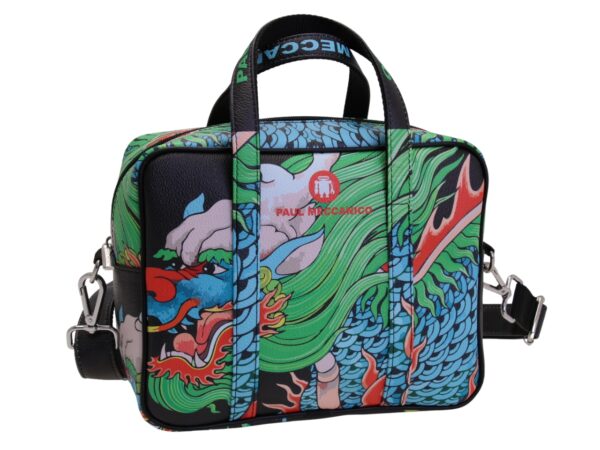 BORSA DONNA RETTANGOLARE CON FANTASIA ORIENTALE. MODELLO PINCA IN PELLE SINTETICA MARTELLATA.