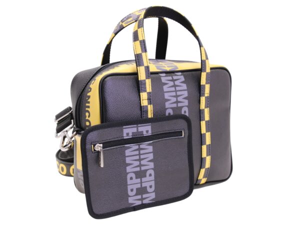 BORSA DA DONNA RETTANGOLARE NERA E GIALLA. MODELLO PINCA IN PELLE SINTETICA MARTELLATA. - immagine 3