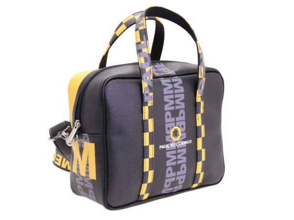 BORSA DA DONNA RETTANGOLARE NERA E GIALLA. MODELLO PINCA IN PELLE SINTETICA MARTELLATA. - immagine 2