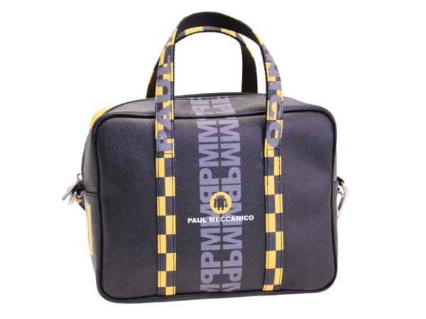 BORSA DA DONNA RETTANGOLARE NERA E GIALLA. MODELLO PINCA IN PELLE SINTETICA MARTELLATA.