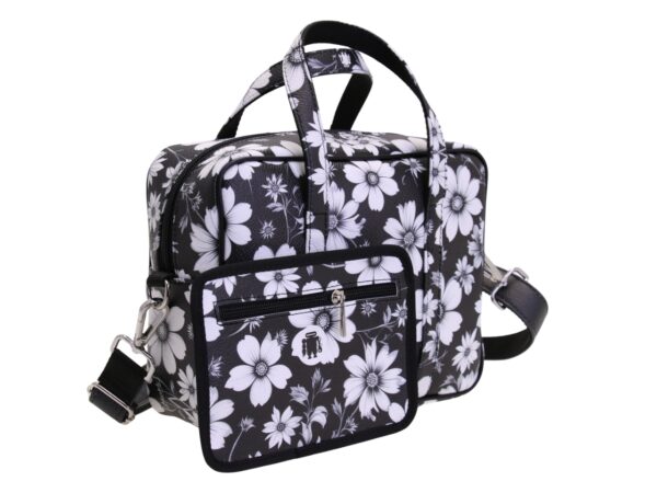 BORSA DA DONNA RETTANGOLARE BIANCA E NERA CON FANTASIA FLOREALE. MODELLO PINCA IN PELLE SINTETICA MARTELLATA. - immagine 3