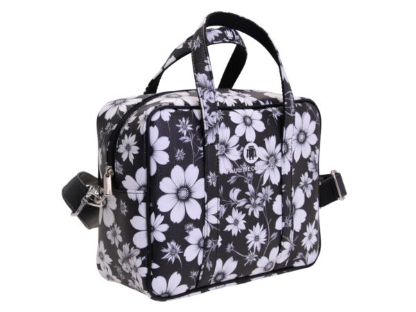 BORSA DA DONNA RETTANGOLARE BIANCA E NERA CON FANTASIA FLOREALE. MODELLO PINCA IN PELLE SINTETICA MARTELLATA. - immagine 2