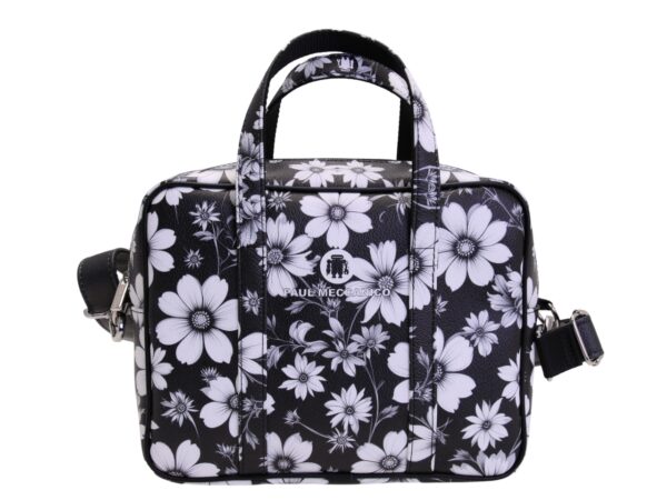 BORSA DA DONNA RETTANGOLARE BIANCA E NERA CON FANTASIA FLOREALE. MODELLO PINCA IN PELLE SINTETICA MARTELLATA.