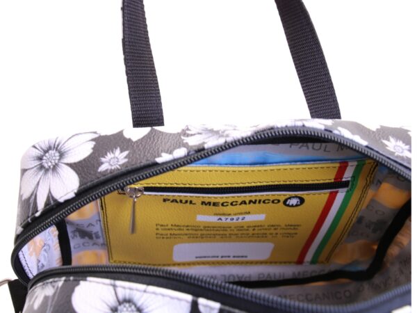BORSA DA DONNA RETTANGOLARE BIANCA E NERA CON FANTASIA FLOREALE. MODELLO PINCA IN PELLE SINTETICA MARTELLATA. - immagine 5