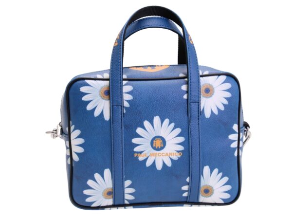 BORSA DA DONNA RETTANGOLARE BLU CON FANTASIA FLOREALE. MODELLO PINCA IN PELLE SINTETICA MARTELLATA.