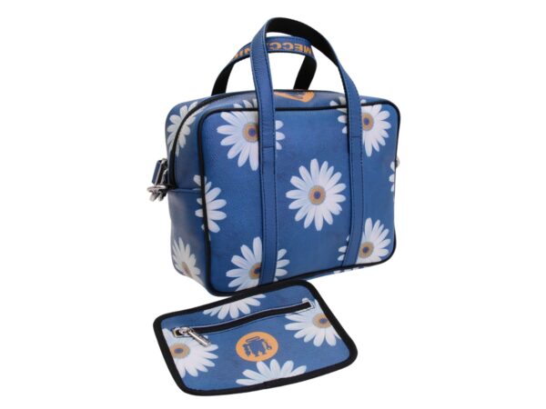 BORSA DA DONNA RETTANGOLARE BLU CON FANTASIA FLOREALE. MODELLO PINCA IN PELLE SINTETICA MARTELLATA. - immagine 4