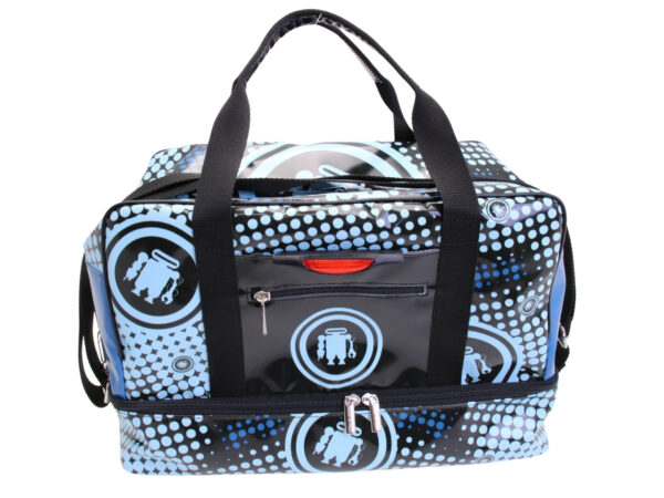 BORSA BAGAGLIO A MANO AZZURRA STILE TECNICO MISURE 40 X 20 X 25 CM. MODELLO FLYME REALIZZATO IN TELONE CAMION.