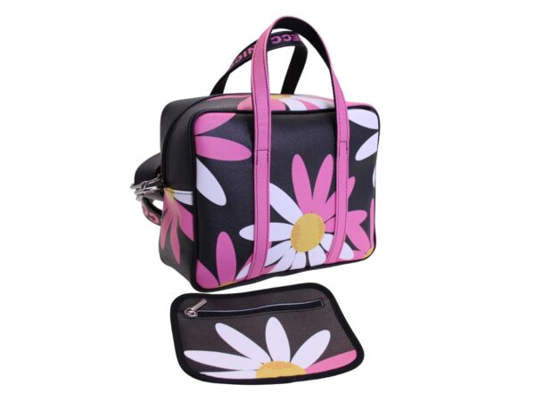 BORSA DA DONNA RETTANGOLARE NERA CON FANTASIA FLOREALE. MODELLO PINCA IN PELLE SINTETICA MARTELLATA. - immagine 4