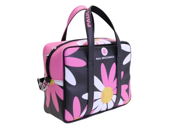 BORSA DA DONNA RETTANGOLARE NERA CON FANTASIA FLOREALE. MODELLO PINCA IN PELLE SINTETICA MARTELLATA. - immagine 2