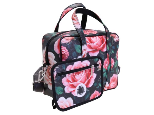 BORSA DA DONNA RETTANGOLARE NERA CON FANTASIA FLOREALE. MODELLO PINCA IN PELLE SINTETICA MARTELLATA. - immagine 3