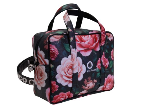 BORSA DA DONNA RETTANGOLARE NERA CON FANTASIA FLOREALE. MODELLO PINCA IN PELLE SINTETICA MARTELLATA. - immagine 2