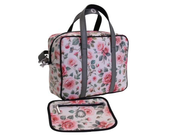 BORSA DA DONNA RETTANGOLARE BIANCA CON FANTASIA FLOREALE. MODELLO PINCA IN PELLE SINTETICA MARTELLATA. - immagine 4