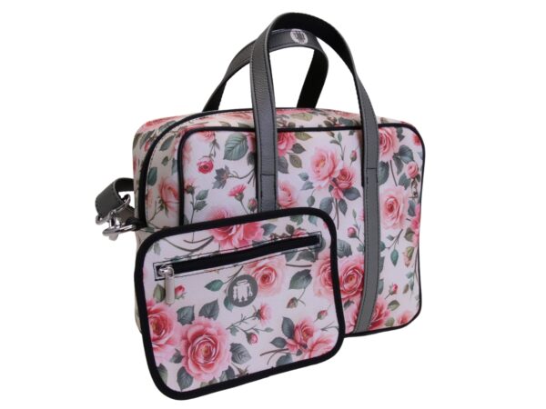 BORSA DA DONNA RETTANGOLARE BIANCA CON FANTASIA FLOREALE. MODELLO PINCA IN PELLE SINTETICA MARTELLATA. - immagine 3
